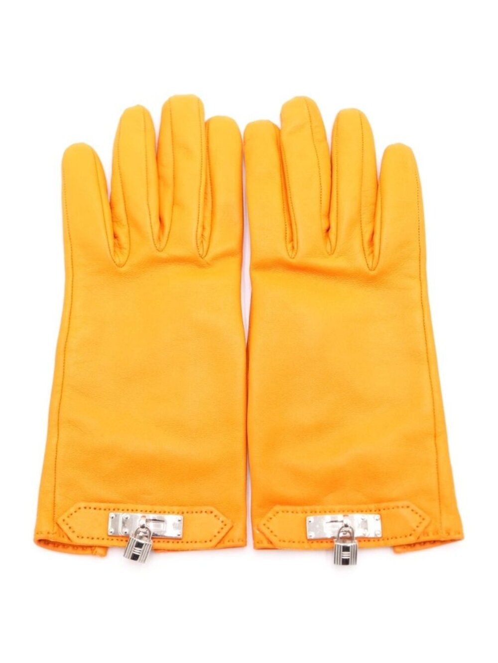 Hermes Kelly Buckle Cadena Lambskin Leather Gloves Silver Orange